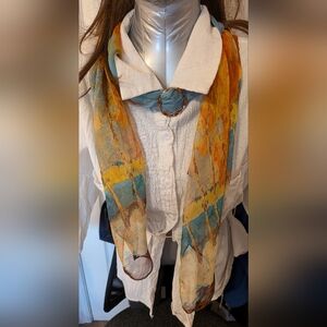 Orange And Turquoise Multicolor Scarf With Gold Tone Scarf Clip